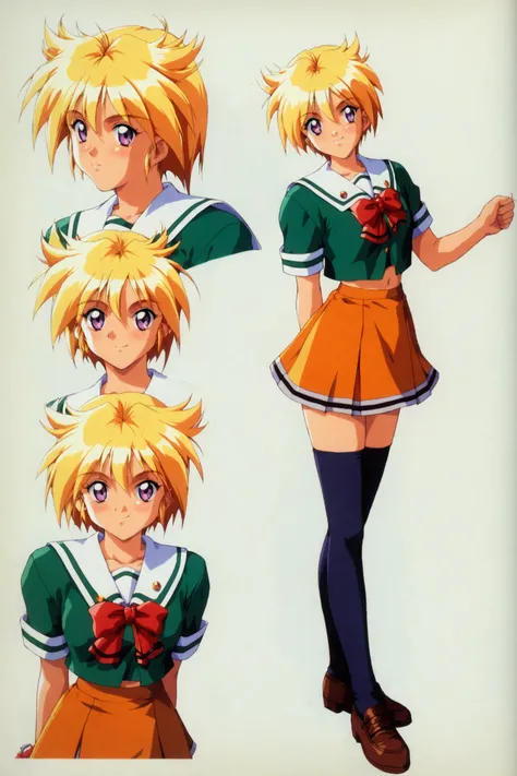 score_9,score_8_up,score_7_up,masterpiece,best quality,
Ijuin Mei,solo,thighhighs,blonde hair,1girl,zettai ryouiki,green shirt,orange skirt,purple eyes,short hair,skirt,red bow,school uniform,retro artstyle,1990s (style),simple background,white background,...