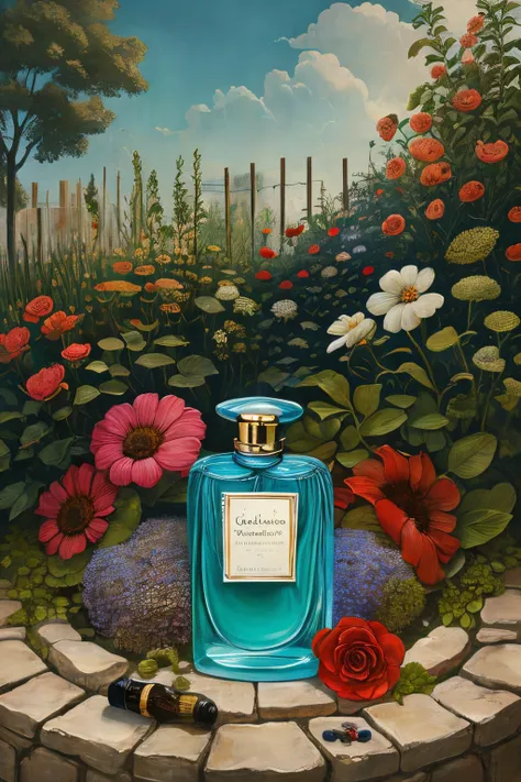 masterpiece,best quality,<lora:tbh220-:0.7>,illustration,style of Jessica Galbreth, A bottle of perfume in garden