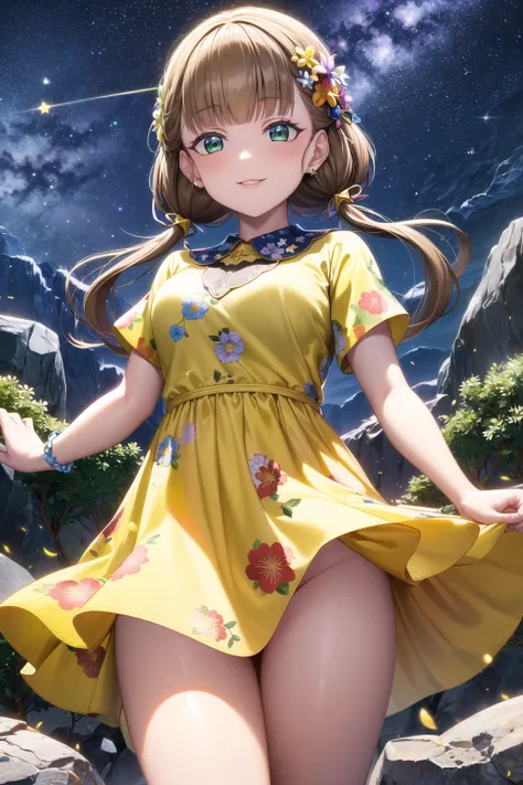 masterpiece best quality detailed eyes masterpiece best quality
1girl,  sakurakoji kinako, brown hair, bangs, low twintails, blunt bangs, green eyes, <lora:Kinakov3:0.7>, cowboy shot, standing, seductive smile, solo
(yellow dress, short sleeves, thighs, fl...