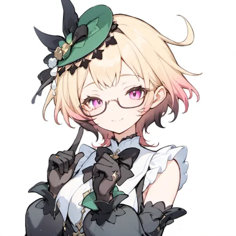 1girl, solo, gloves, blonde hair, hat, glasses, smile, white background, bow, simple background, black gloves, upper body, looking at viewer, green headwear, multicolored hair, index finger raised, semi-rimless eyewear, black bow, gradient hair, under-rim ...