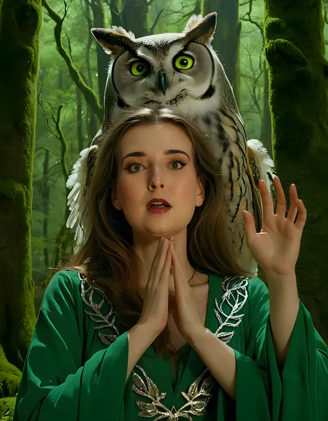 Jade In the heart of a dimly lit, enchanted forest under the silvery glow of the crescent moon and shimmering stars, stands a solitary woman with brown hair adorned with intricate silver vines, her eyes a captivating shade of emerald green. With an etherea...