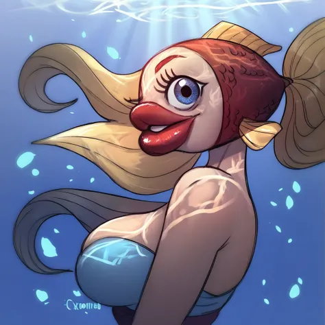 score_9, score_8_up, score_7_up, score_6_up, score_5_up, score_4_up,  BREAK solo, 1girl, mature female,  looking at viewer, eye contact,  upper body,  big breasts, blue eyes, underwater, skd, monster girl, big lips, red lips, fins, side view, smile