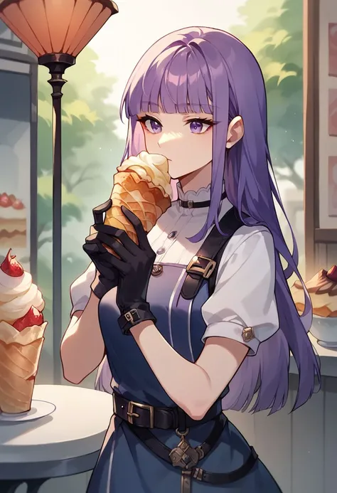 score_9, score_8_up, score_7_up, score_6_up,  lilishka, long hair, purple hair, purple eyes, crepe, 1girl, food, gloves, solo, black gloves, blunt bangs, belt, dress, black belt, short sleeves, holding food