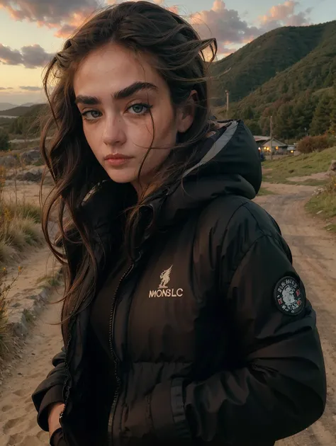 Alisha8, (realistic), (hyperrealism), (photorealistic:1.4), best quality, masterpiece, 1girl, looking at the viewer, makeup, detailed eyes, detailed face, (upper body:1.2), black jacket, walking at the forest road, sunset, fall season, (windy:1.2)