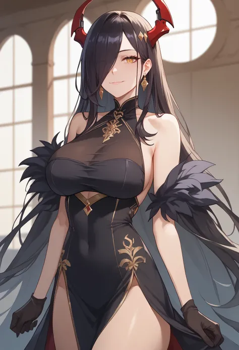 score_9,score_8_up,score_7_up,score_6_up <lora:mommy-fdg:0.8>mommy-fdg, 1girl, solo, breasts, covered navel, dress, long hair, gloves, hair over one eye, looking at viewer, large breasts, jewelry, holding, bare shoulders, black gloves, earrings, very long ...