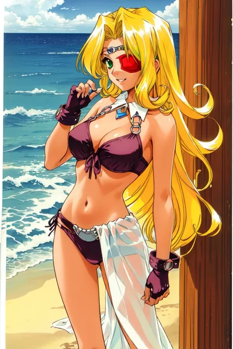 1 girl, beach, ocean, standing, smile,
 <lora:Thousand_Arms_-_Wyna_Grapple:0.7> tawyna, long hair, blonde hair, (green eyes:1.5), eyepatch, tanned skin,
bikini armor, midriff, asymmetrical legwear, arm wrap, fingerless gloves, breasts, cleavage,