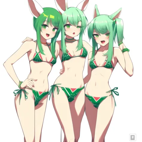 bracelet, rabbit ears, green hair, 2girls, hands on hips, tongue, side-tie bikini bottom, fox ears