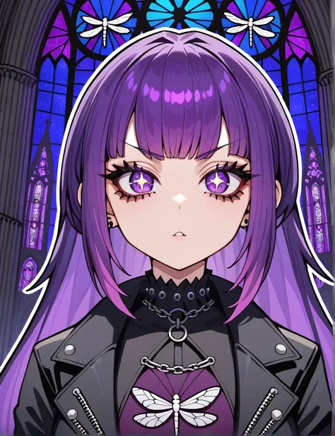 masterpiece, best quality, very aesthetic, absurdres, 1girl, solo, (bold, thick outlines, comic character), punk, vibrant, (dragonflies), gothic, portrait, cathedral, stained glass, big starry eyes, night sky, cool, waist up, long flowing purple hair,