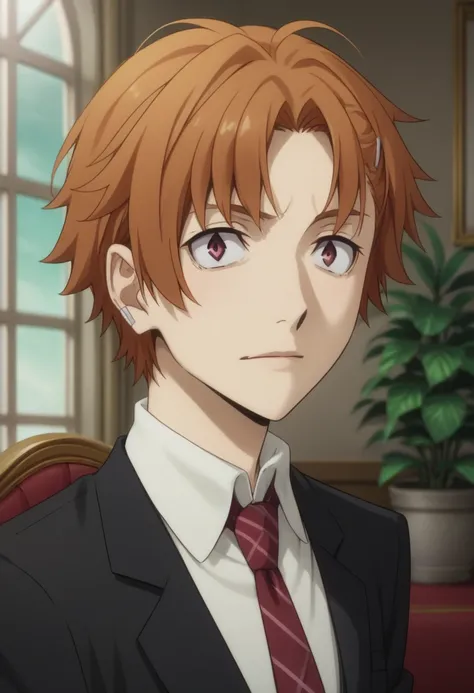 score_9, score_8_up, score_7_up, score_6_up, highly detailed, masterpiece, best quality,detailed,intricate details, amazing quality, best aesthetic, absurdres,source_anime,
Junichirou Tanizaki, orange hair, orange eyes,
hairclip,
formal, solo, black suit, ...