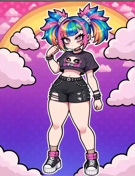 masterpiece, best quality, very aesthetic, absurdres, 1girl, solo, (bold, thick outlines, comic character), punk, vibrant, big sparkly eyes, rainbow hair, full body, pink fluffy clouds,