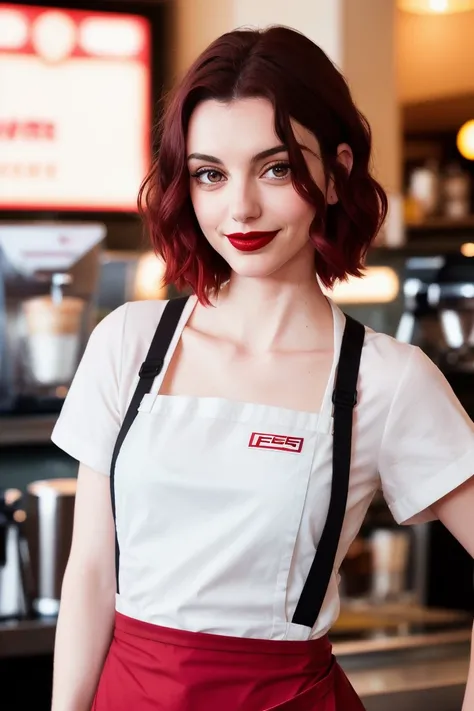 fran, , ((red lipstick, blush)), ,photo of a woman, RAW, ((barista uniform, shirt, apron, coffee)), ((short hair, dark red hair)), ((in a coffee shop)), , ((detailed skin, detailed face):1.2), ((detailed eyes, beautiful eyes)), 8k uhd, dslr, soft lighting,...