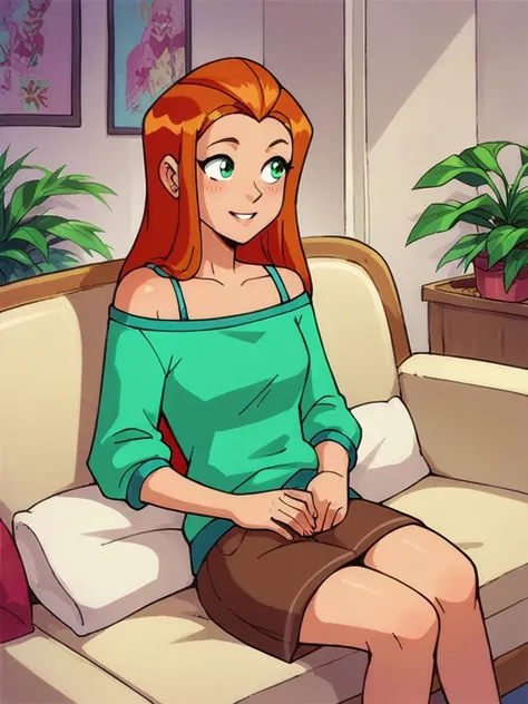 score_9, score_8_up, score_7_up, 
1girl, sam ts, long hair, orange hair, green eyes, 

green shirt, off-shoulder shirt, bra strap, indoors, brown skirt, sitting, on couch, 