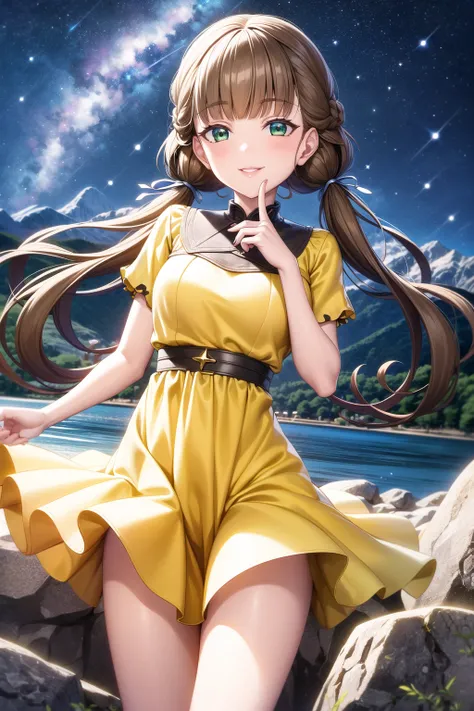 masterpiece best quality detailed eyes masterpiece best quality
1girl,  sakurakoji kinako, brown hair, bangs, low twintails, blunt bangs, green eyes, <lora:Kinakov3:0.7>, cowboy shot, standing, seductive smile, solo
(yellow dress, short sleeves, thighs:1.2...