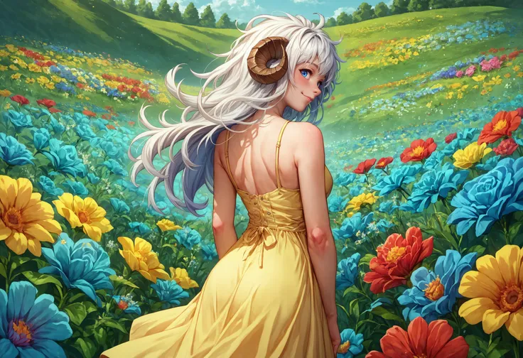 score_9, score_8_up, score_7_up, detailed, white hair, long hair, messy hair, ribbon, outdoors, sheep horns, blue eyes, yellow sundress, flowers, colorful flowers, red flowers, blue flowers, field, from behind, looking back, smile, blush, closed mouth,