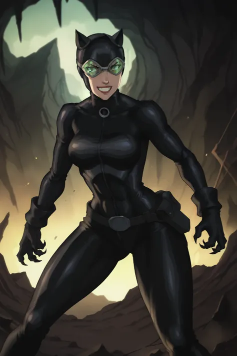 score_9, score_8_up, score_7_up, masterpiece, high quality, BREAK
 <lora:Catwoman HushPonyLoRA:0.8>ctwmnhsh, bodysuit, helmet, animal ears, goggles, gloves, belt, claws, attack stance, grin, in a cave, dark, bald