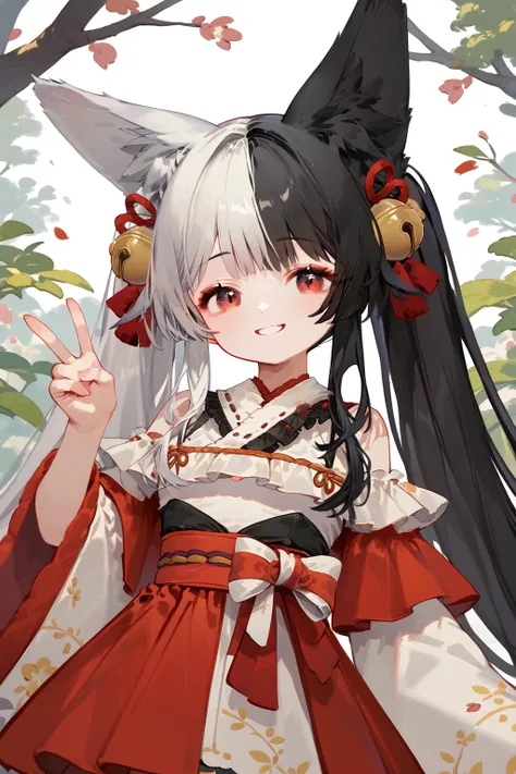 (score_9,score_8_up,score_7_up,),mana,<lora:mana-000025:0.9>,animal ears,red eyes,long hair,black hair,white hair,two-tone hair,thighhighs,red skirt,kimono,hair ornament,upper body,v,smile,