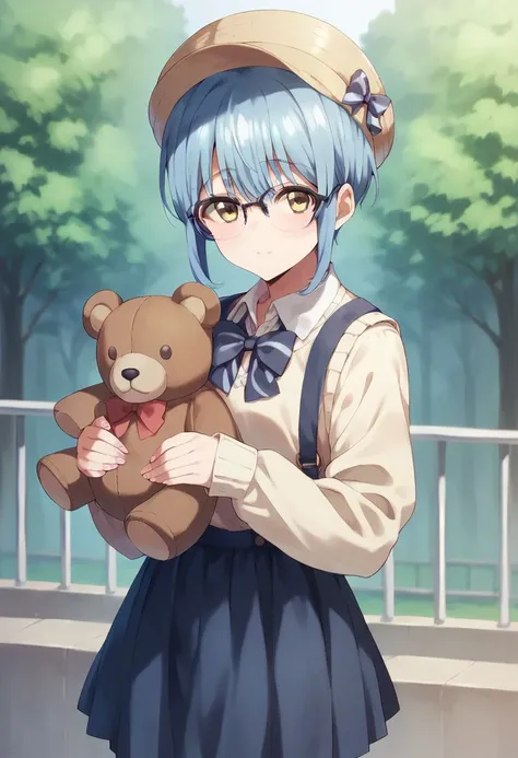 score_9, score_8_up, score_7_up, score_9, tsurumi hisui, glasses, blue hair, yellow eyes, short hair, 1girl, stuffed toy, stuffed animal, solo, hat, skirt, teddy bear, looking at viewer, outdoors