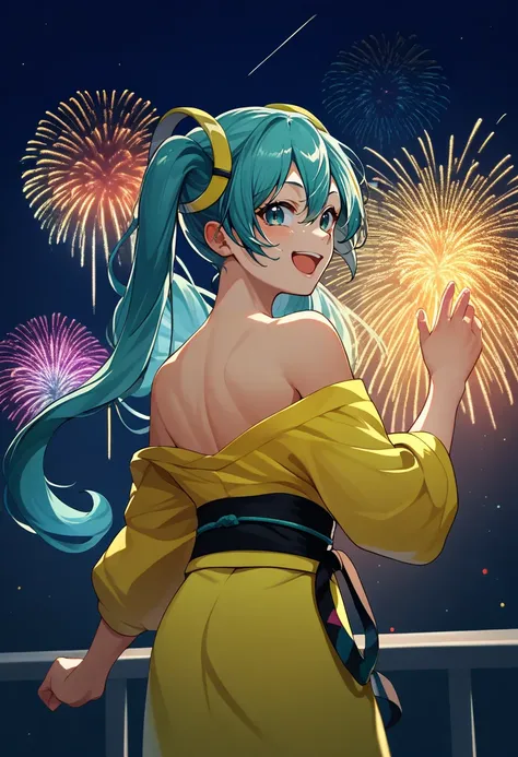 score_9, score_8_up, score_7_up, source_anime, from behind, solo, 1girl, fitnessmiku, happy, open mouth, looking back, twintails, hair ornament, yellow kimono, off shoulder, black sash, bare shoulders, fireworks <lora:vocaloid_fitnessboxingmiku_ponyXL:1>