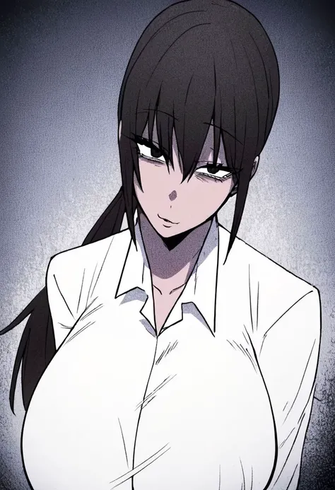 score_9, score_8_up, score_7_up, intricate details, perfect anatomy BREAK 1girl, source_anime, hatiya mika, long hair, bleak hair, pony tail, black eye, narrow eyes,(slant eyes:1.3), (sanpaku:1.4), huge breasts, looking at viewer, shirt, white shirt,