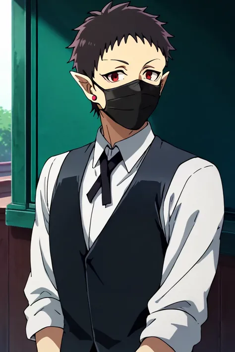 score_9,score_8_up,score_7_up,1boy,solo, looking at viewer,outdoors,Andro M Jazz,Black Hair,Red Eyes,Pointy Ears,jewelry,earrings, dress shirt,white shirt, black vest,necktie, mask, black mouth mask, mask covered mouth, indoors<lora:EMS-400385-EMS:1.000000...