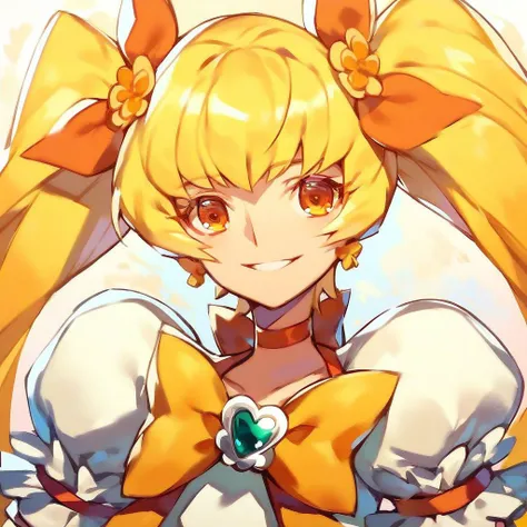 score_9,score_8_up,score_7_up,score_6_up,score_5_up,score_4_up, solo, Cure Sunshine, twintails, long hair, blonde hair, brooch, puffy sleeves, short sleeves, portrait, face, smile, parted lips