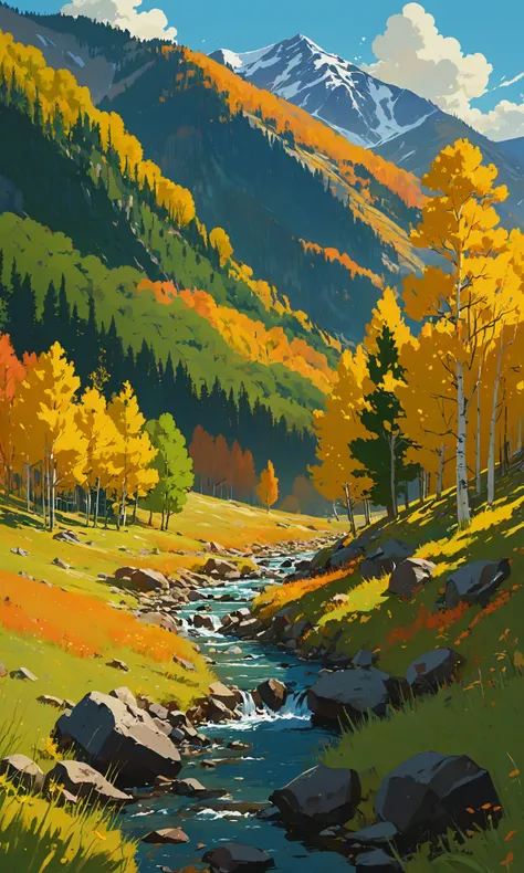 Bittersweet, meadow, Bright Aspen trees in fall,  mountainside, stream, acrylic painting, trending on pixiv fanbox, palette knife and brush strokes, style of Makoto Shinkai,  Jamie Wyeth, James Gilleard, Edward Hopper, Greg Rutkowski, Studio Ghibli, Genshi...