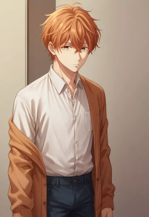 score_9, score_8_up, score_7_up, source_anime, highly detailed, skinny, 
mafuyu, 1boy, male focus, solo, brown eyes, salmon hair, hair between eyes, shirt, white shirt, collared shirt, cardigan, pants, expressionless,
indoor,