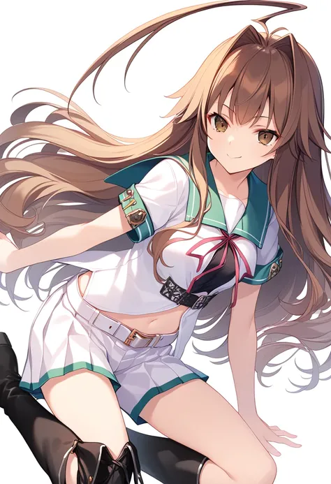 <lora:KC_02LC_kuma_kai2_pony:1>brown hair, ahoge, brown eyes, long hair, kumakai2-kc, white shirt, green sailor collar, short sleeves, navel, abs, kuma-shorts, short shorts, pleated skirt,  white shorts, boots, black boots, white belt,, score_9,score_8_up,...