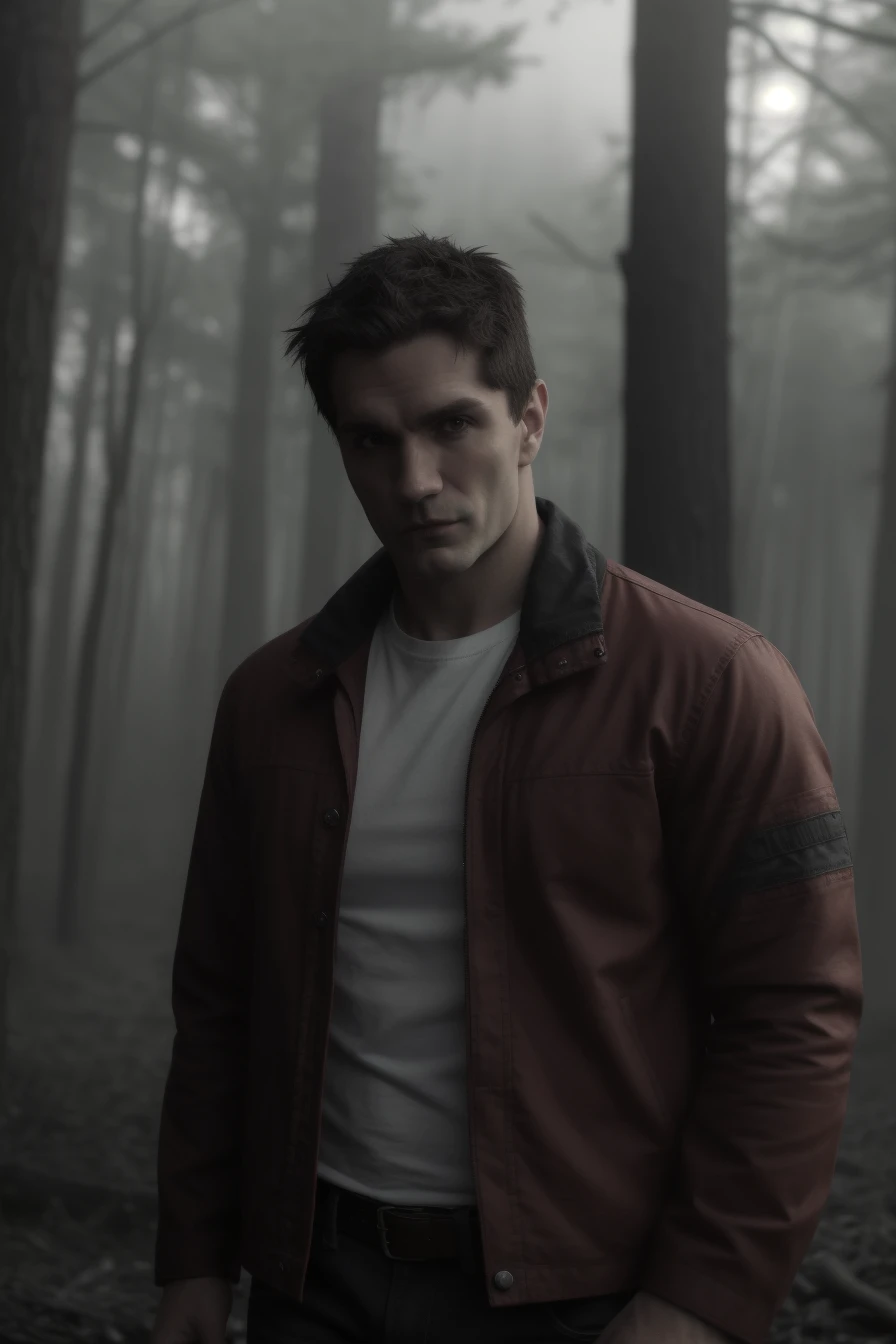 man wearing a red shirt, muscular man, wearing a jacket and shirt, blue jeans, dirty clothes, looking at camera, wearing a gun holster,
creepy woods forest background,  night,
volumetric lighting, 
best quality, detailed skin, detailed clothes, 4k, photore...