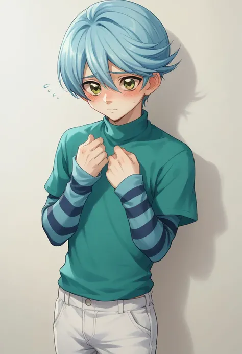 score_9, score_8_up, score_7_up, source_anime, highly detailed, 
nelson, solo, 1boy, male focus, blue hair, green eyes, short hair, upper body, pants, white pants, shirt, striped, layered sleeves, long sleeves, stripes,
indoor, blush, shy,