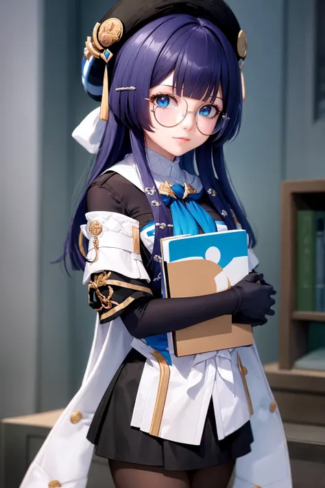 masterpiece, best quality, <lora:pela:1>,english text, 
pela (honkai: star rail), 1girl, pantyhose, solo, book, hat, blue eyes, glasses, holding, gloves, looking at viewer, blush, holding book, blue hair, bangs, long hair, skirt, purple hair, beret, hair o...