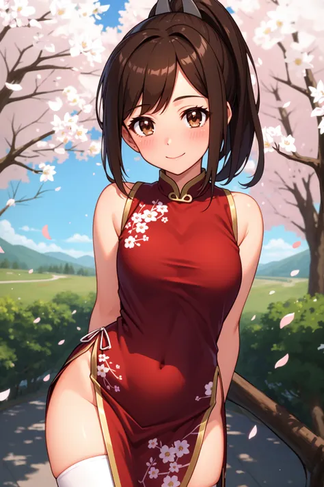 solo, masterpiece, best quality, outdoors, street, cherry blossoms, cowboy shot, standing, looking at viewer, smile, closed mouth, blush, i-401, brown eyes, brown hair, long hair, ponytail, hair ornament, china dress, red dress, sleeveless, pelvic curtain,...