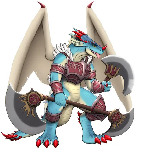 aeon calcos, lizardman, anthro, reptile, scalie, blue body, blue scales, tan body, tan scales, red claws, red horns, 5 fingers, 3 toes, yellow eyes, slit pupils, wings, axe, weapon, no humans, solo, armor, white background, claws, simple background, holdin...