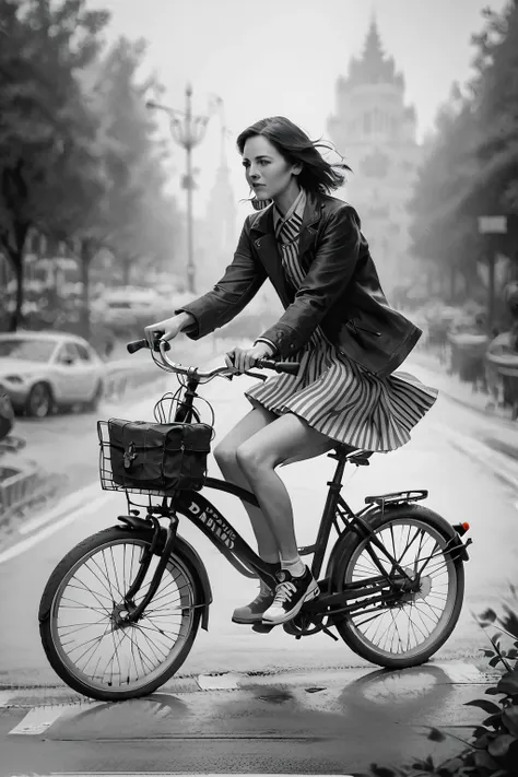 score_9, score_8_up, score_7_up, b1k3g1rl, woman, solo, skirt, holding, jacket, monochrome, greyscale, outdoors, shoes, striped, medium hair, blurry, blurry background, umbrella, ground vehicle, sneakers, realistic, riding, bicycle
 <lora:Girls_on_Bikes_Po...