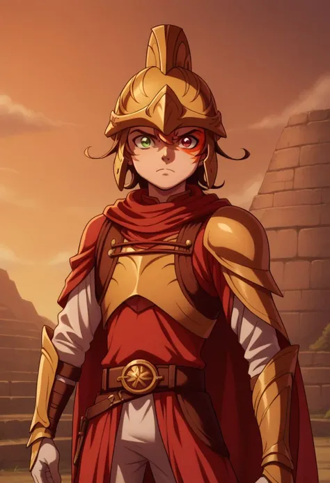 score_9, score_8_up, score_7_up, source_anime, highly detailed, 
trey, solo, armor, cape, helmet, male focus, gold armor, 1boy, red cape, shield, sheath, belt, parody, shoulder armor, brown hair, serious, upper body, skinny, green eye, red eye, facial tatt...