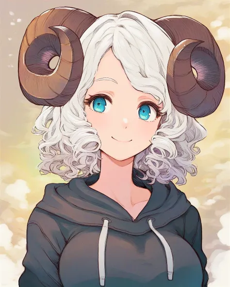 score_9, score_8_up, score_7_up, pretty girl, medium hair, white hair, light blue eyes, sheep horns, pale skin, curly hair, smile, large breasts, black hoodie, upper body <lora:EgakaPony:1>