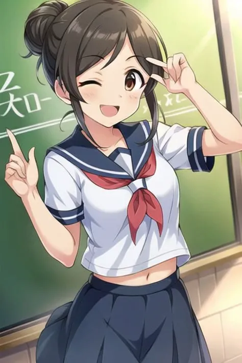 (masterpiece),momoi azuki, brown eyes, black hair, 1girl, one eye closed, solo, smile, skirt, open mouth, school uniform, single hair bun, hair bun, navel, looking at viewer, serafuku