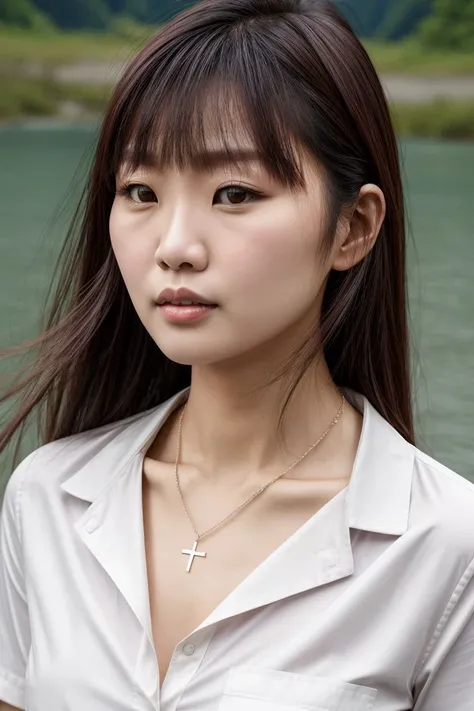 Asian woman, closeup, (shirt), pants, (nahanni national park), cross necklace , (), KM_nominjin, wide shoulders, perfect face, (contact iris: 1.1), pale skin, skin pores , depth of field