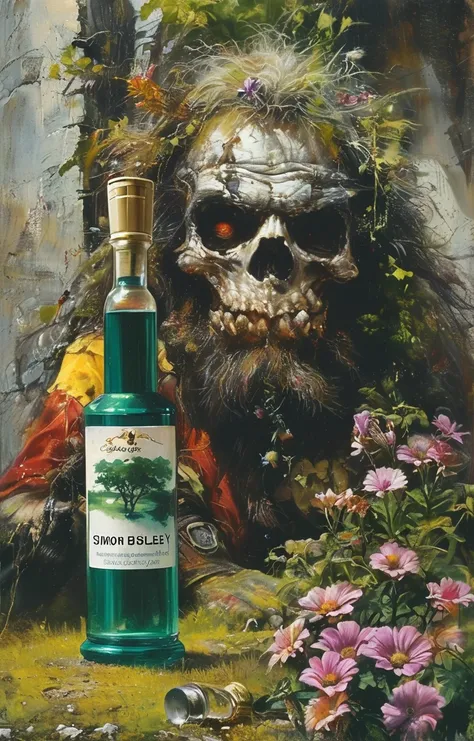 masterpiece,best quality,<lora:tbh233-sdxl:0.9>,illustration,style of Simon Bisley A bottle of perfume in garden