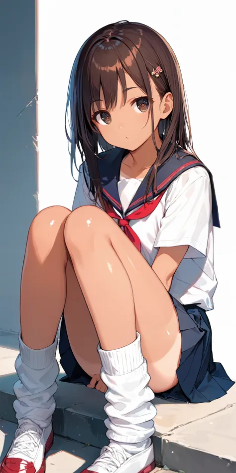 anime girl sitting on steps with her legs crossed