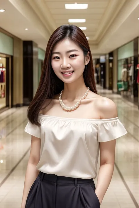 Asian woman, closeup, (shirt), pants, (shopping mall hallway), pearl necklace , smiling , KM_theresa, wide shoulders, perfect face, (contact iris: 1.1), pale skin, skin pores , depth of field