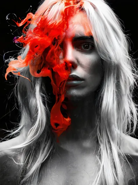 Highly detailed, photo-realistic, (Masterpiece), highest quality, 8k, HD, photography, a beautiful young woman with long white hair in black and white is surrounded by red ink that flows like smoke, face reflects intense pain, (((eyes open))), Intense cont...