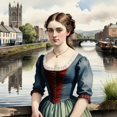 1800s watercolor scene of a pretty dublin girl by the river