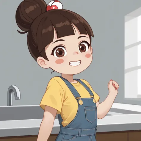 score_9, score_8, score_9, BREAK,, solo, female child, luo bao bei, brown hair, single hair bun, brown eyes, yellow shirt, overalls, blush stickers