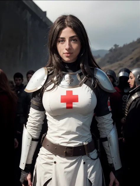 Shannon8, Photorealistic photo of the armor of a woman Templar knight, white with a red cross on the chest, standing in line among other knights before battle, with a battlefield background and a grey sky, with depth of field, taken with a 50mm lens --ar 1...