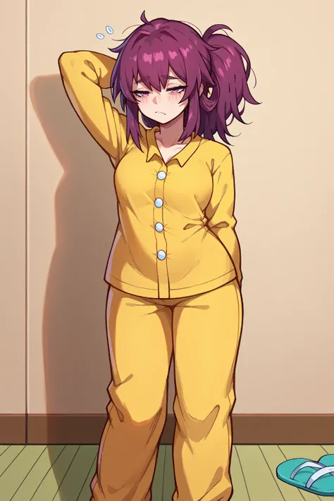 score_9, score_8_up, score_7 BREAK solo, 1girl <lora:NSKafkaHSR:1> NSKafkaMisc, long hair, bangs, sidelocks, ponytail, sleepy, half closed eyes, messy hair, medium hair, yellow pajamas, flip flops, hand behind head, indoors, room