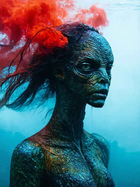 photorealistic style, photo of A magnificent humanoid figure fused with strange alien, organically merged with animal alien characteristics, suspended in a clear, captured through a 35mm lens,alien clothes ultradetailed amazing, stranger detailed hair,dept...