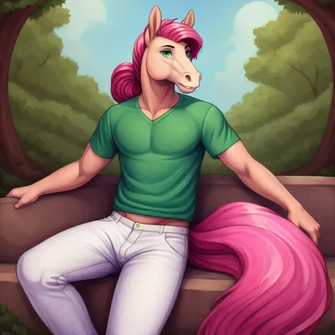 <lora:nila_cyancapsule:0.7>
solo, 1boy, masterpiece, male,
nila, equid, tan skin, green eyes, pink hair,
white pants, green shirt,