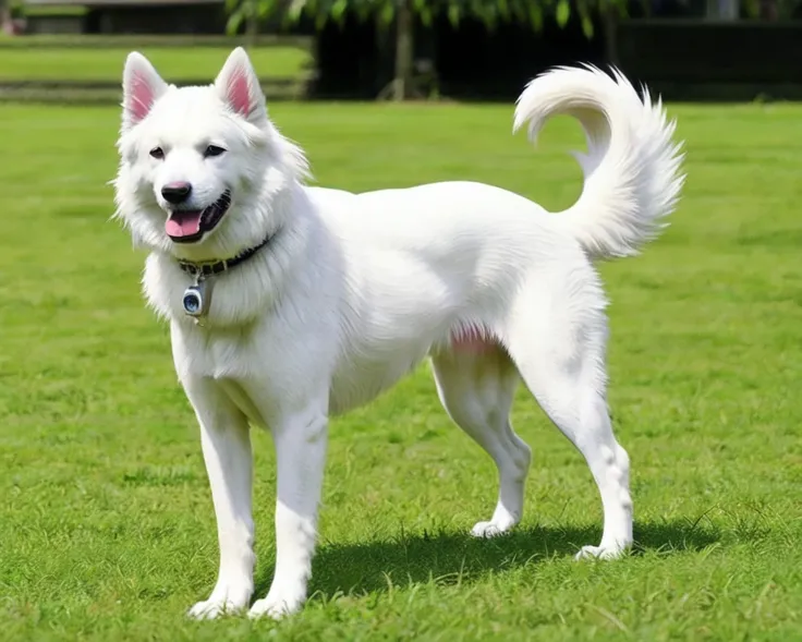 tail, full body, outdoors, dated, tree, blue sky, no humans, animal, grass, plant, nature, dog, realistic, field, animal focus, white fur, photo background, fluffy, Kintamani,  <lora:kintamani-bari_dog_v4:0.5>