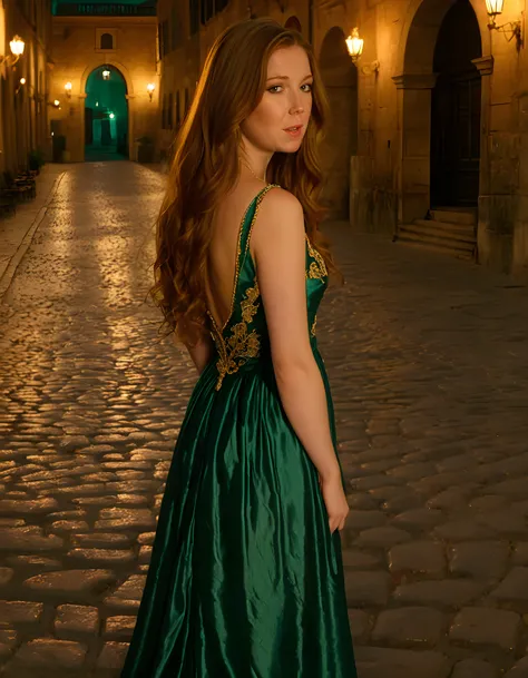 In the dimly lit, ethereal twilight of an ancient, cobblestone-paved Italian piazza, a solitary figure named Megan DeLuca stands with her back towards the camera, her long brown hair cascading down her shoulders in soft waves, her dark eyes gazing intently...